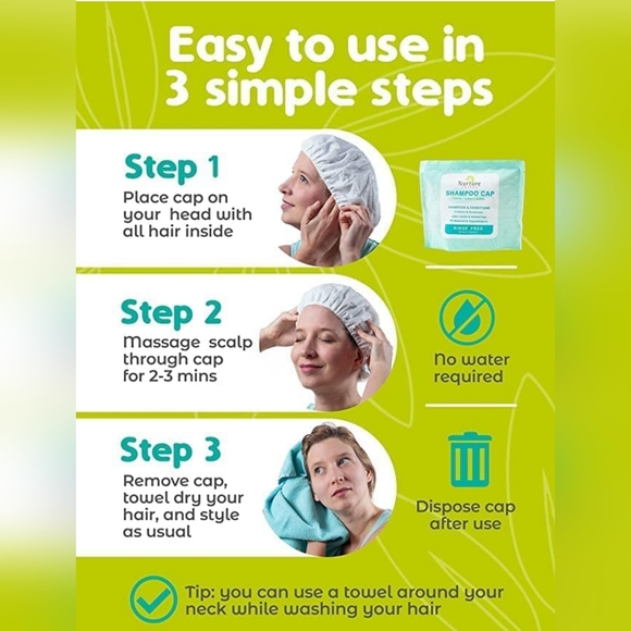 Nurture No Rinse Water Shampoo Condition Cap Rinse Free Shower Cap (5 Pack) New - Picture 6 of 8